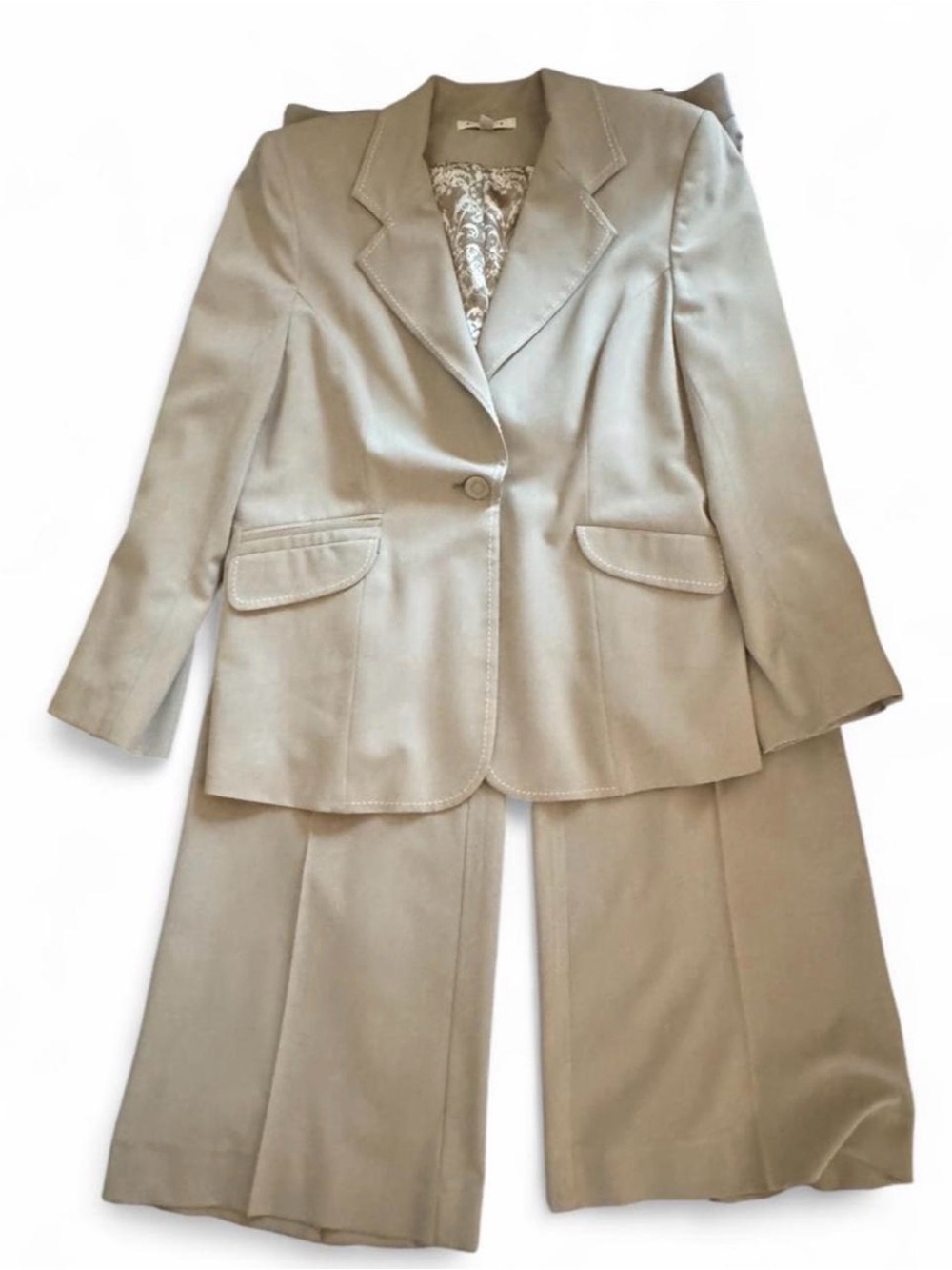 CAbi Women’s 2 Piece Pant Suit Size 14 Beige Blazer Pants Career Business